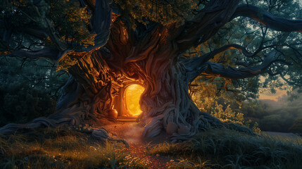 Fototapeta premium A glowing portal in the trunk of a majestic ancient tree shines brightly at dusk, tempting explorers to venture into the.