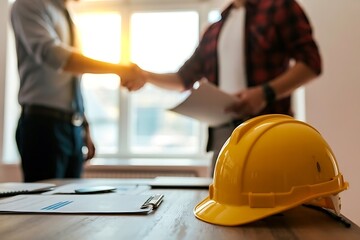 Builders shake hands on successful project completion, symbolizing partnership and achievement in construction.