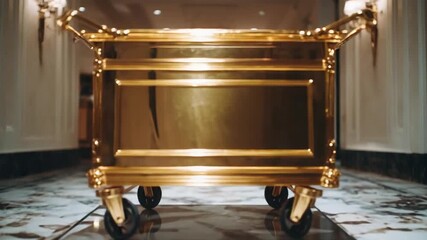 A gold luggage cart sits in a marble-floored hotel hallway. - Powered by Adobe