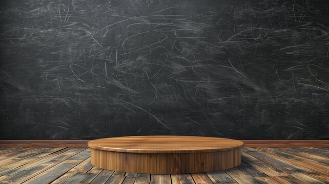 There is a round wooden podium placed in front of a blackboard