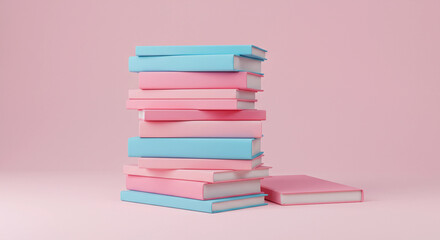 A stack of books of various colors is centrally located against a pale pink background. 