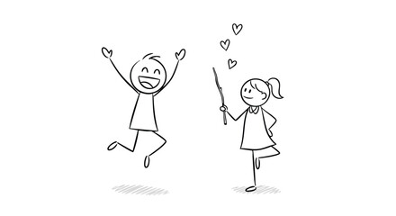 Excited stick figure couple, joyful man leaping, woman holding a wand, hearts floating.