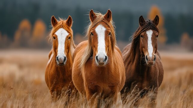 Three horses stand together in a serene field during autumn, showcasing their unique colors and personalities
