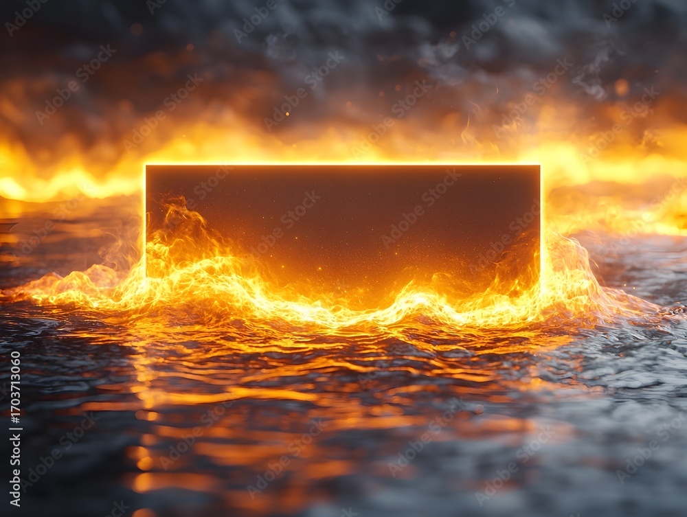 Poster a luminous rectangular object is enveloped by swirling flames and an electric glow on a dark reflect