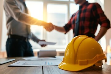Professionals shake hands, sealing a construction deal with blueprints and hard hat on desk