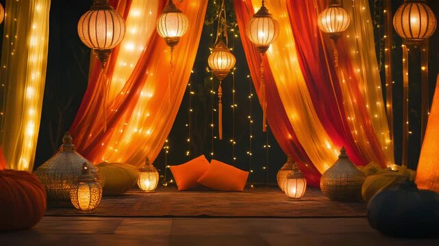 Cultural Karva Chauth decorations with lanterns and drapes