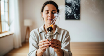 Woman performing smudging ritual with burning sage stick for spiritual cleansing and meditation. Holistic wellness and self care practice.