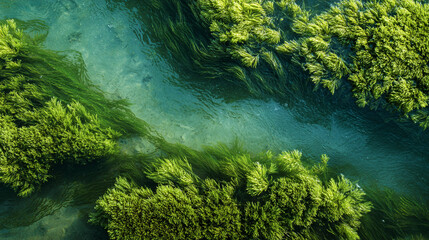 Lush green aquatic plants thriving in a clear stream a vibrant underwater scene
