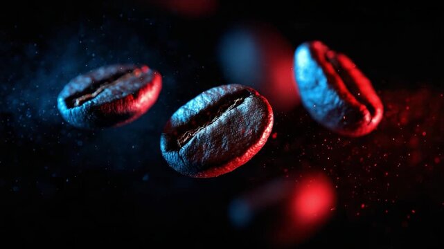 Mystical Coffee Beans:  Three elegantly illuminated coffee beans float in a sea of dark. Vivid red and blue lights dance across their textured surfaces.
