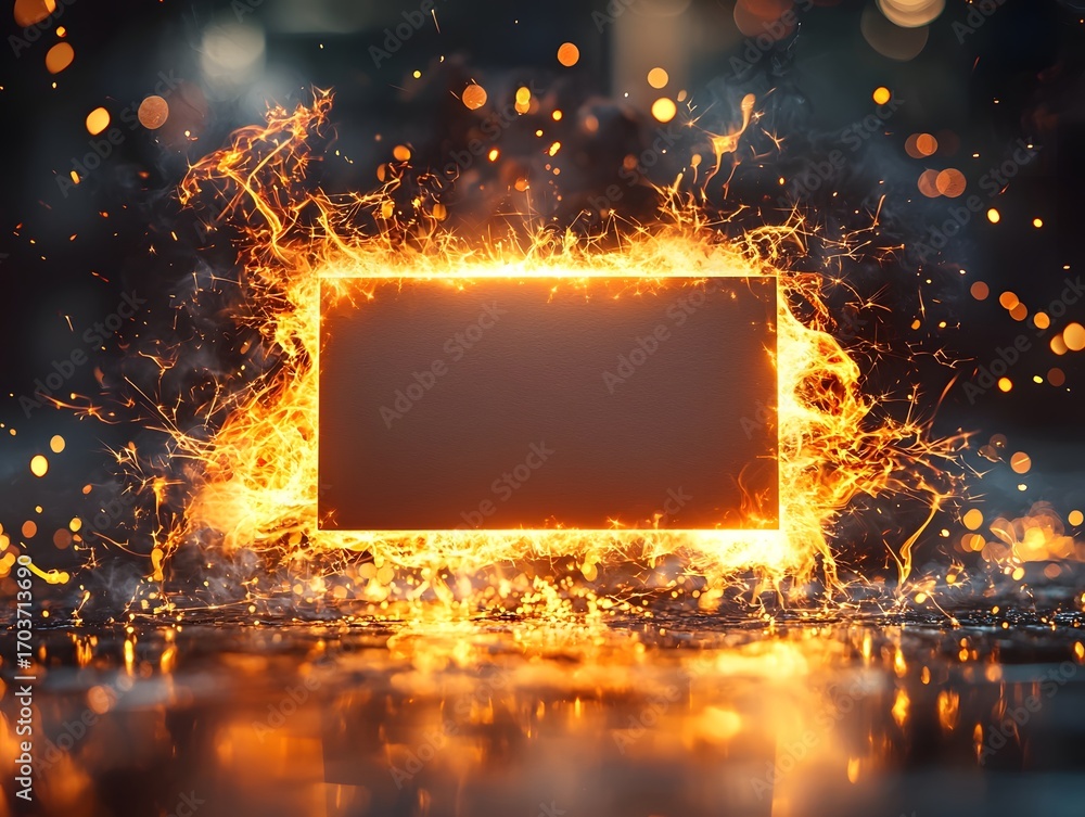 Aufkleber a glowing rectangular frame is surrounded by intense sparks and flames symbolizing energy and innova