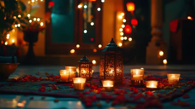 A festive night with candles and lanterns for Karva Chauth 
