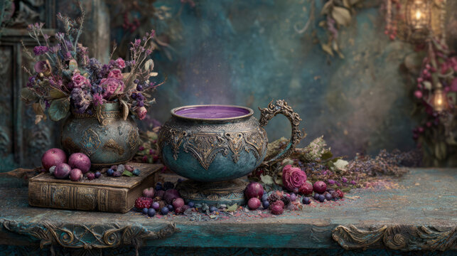 Mystical Potion Cup with Flowers and Berries on Vintage Table, Enchanted Fantasy Still Life
