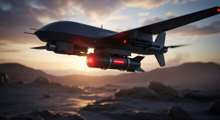 Drone flying with missile. Unmanned aerial vehicle concept. Military drone hovering over mountains. Modern warfare technology.