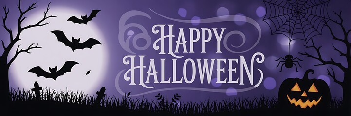 Spooky Halloween night with bats flying near a full moon, a jack-o'-lantern, and a spider web