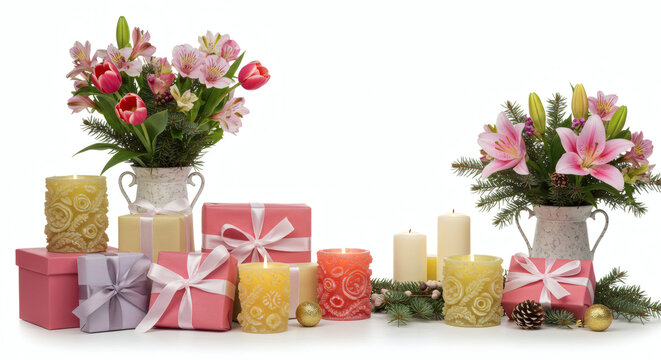 Festive Arrangement with Flowers Gifts and Decorative Candles.