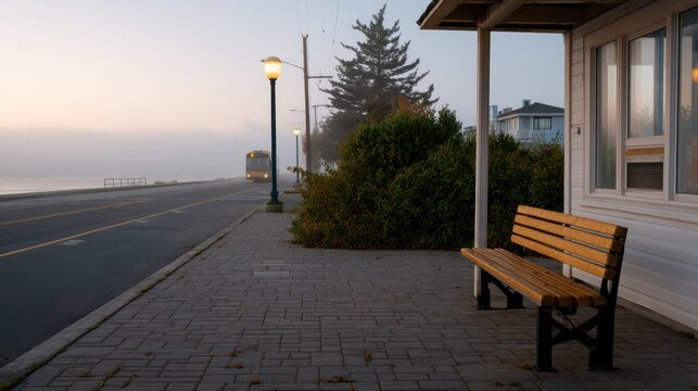 Foggy Coastal Transit Stop with Bench Along Quiet Road in the Early Morning Light