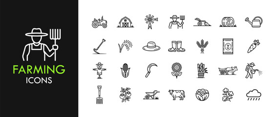 Farming line icon set, outline web icon collection containing Crops, Tools, Livestock and more, vector illustration in line style