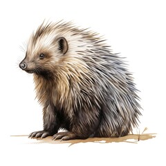 Fototapeta premium A watercolor painting shows a young porcupine sitting on light brown ground with a few blades of grass nearby.