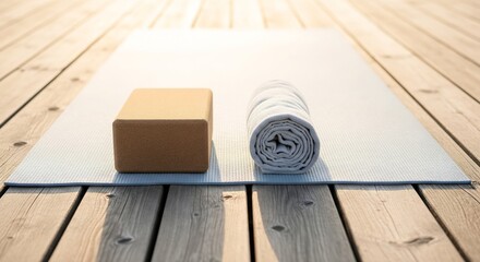 Yoga Mat With Props outdoor prep in wooden deck high-key clean