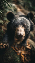Fototapeta premium Playful bear appears to wave at the camera in a forest trail. Close-up of its face and paw, creating a fun and engaging wildlife encounter