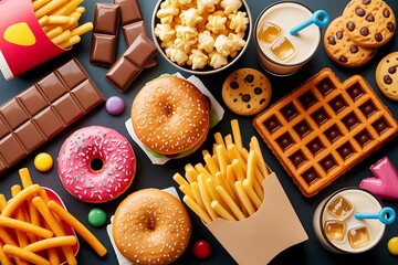 Indulge in a delightful spread of tempting treats and fast food favorites, perfect for any craving