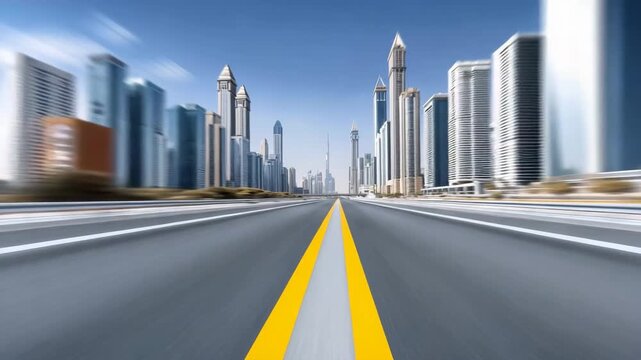 Urban highway and empty road with yellow line leading to modern skyscraper cityscape under clear sky, showcasing motion blur, architecture, and dynamic urban development in futuristic environment