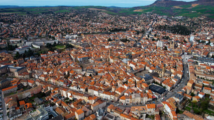 An aerial panoramic view around the old town of the city Millau in France on a sunny day in early spring
