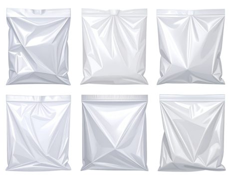 Six white plastic food bags, crumpled and wrinkled,  in a grid layout.  Realistic 3D renderings of flexible packaging