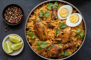 Savor delicious chicken biryani with boiled eggs and fresh lime wedges, a flavorful Indian feast