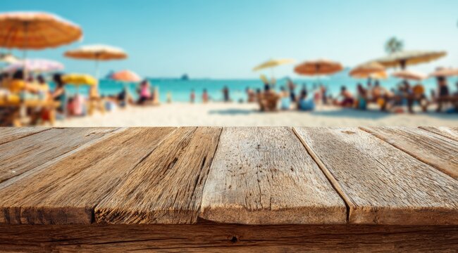 Wooden tabletop over a blurry beach scene
