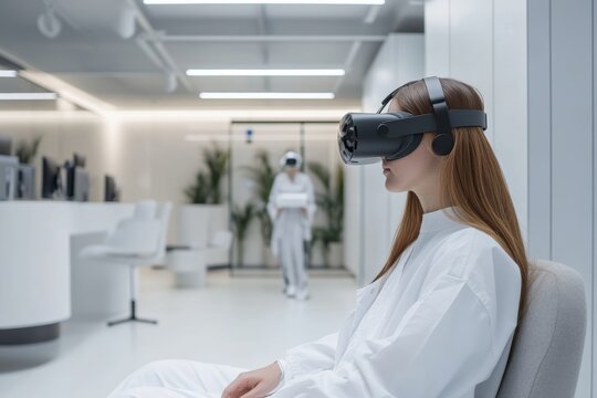 Woman immersed in virtual reality headset in futuristic office environment - Powered by Adobe