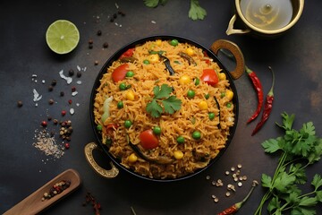 Vibrant Indian rice dish bursting with fresh vegetables, herbs, and spices a culinary delight.