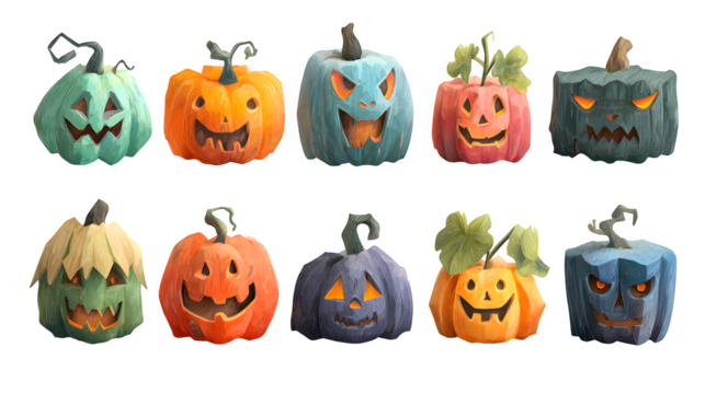 Halloween pumpkins collection in festive carved style, isolated on white background - Powered by Adobe