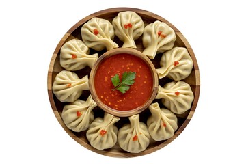 Delicious steamed dumplings with savory dipping sauce arranged artfully on a wooden platter