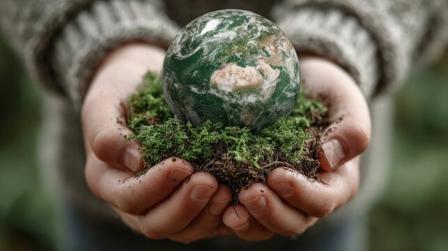 Family hands holding Earth globe on soft blurred nature background, Earth Day concept - Powered by Adobe