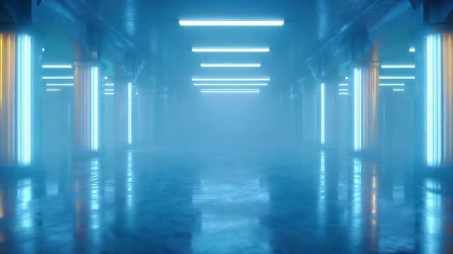 Futuristic empty corridor glowing blue light with reflective floor in modern industrial space featuring glowing vertical and horizontal neon lights and mist creating immersive atmosphere