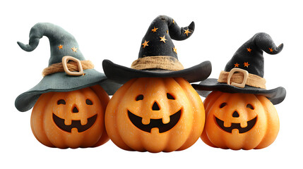 Halloween pumpkins set with smiling faces and witch hats, isolated on white background