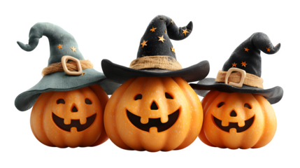 Halloween pumpkins set with smiling faces and witch hats, isolated on white background