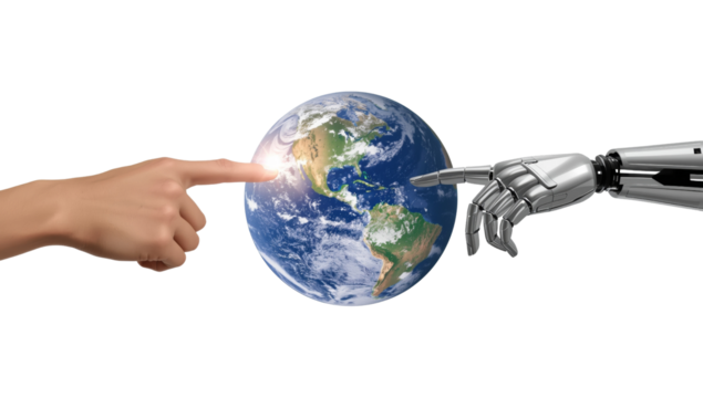 Convergence of humanity and artificial intelligence touching the globe with technology future