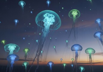 Ethereal Jellyfish Swimming Through Colorful Ocean Waves Under Starry Twilight Sky