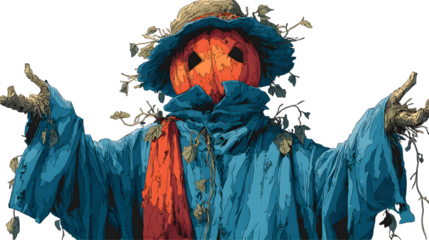 Halloween scarecrow T-shirt design vector with pumpkin head, isolated on white background