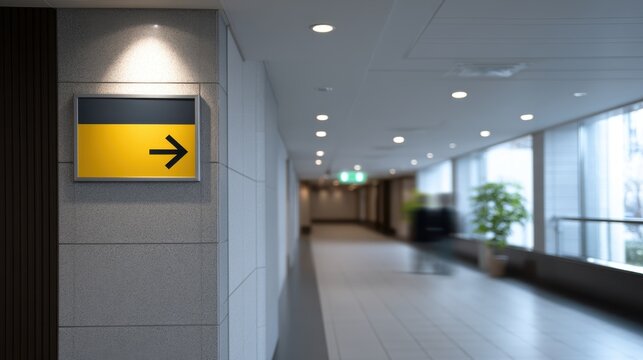 Directional Sign in Modern Conference Center Corridor with Pictogram Guidance