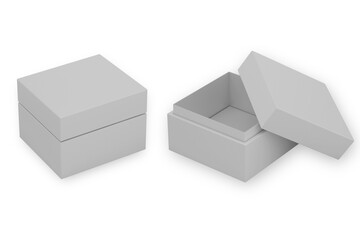 Open and closet gift box packaging mockup set isolated over background. 3d rendering.