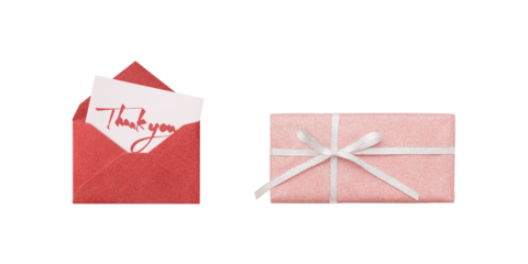 Pink gift box with silver ribbon, beside a pink card from a red glitter envelope, bearing a hand-drawn 'Thank you.'