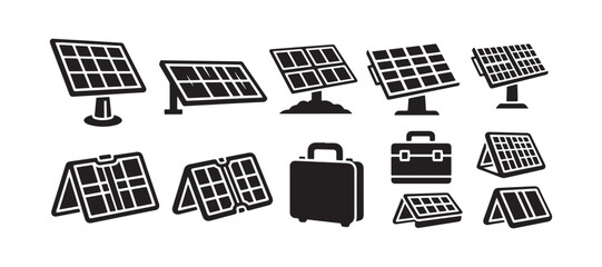 Set of solar panel icons. A collection of photo-voltaic modules in different shapes, featuring linear designs. Includes both portable and stationary stations.

