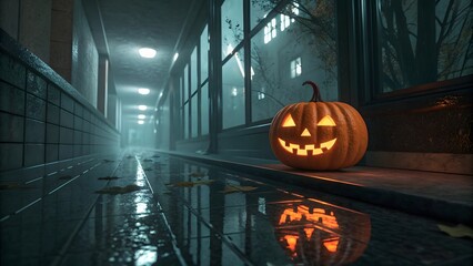 Spooky glowing pumpkin on a dark halloween night