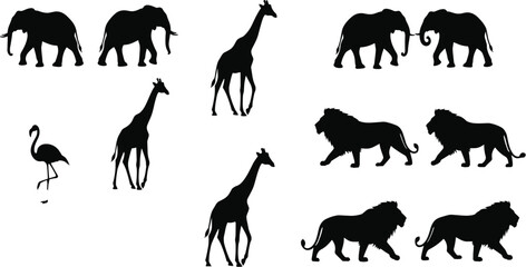Black silhouette vector illustrations of elephants, giraffes, lions, and flamingo in various poses for wildlife, nature, and animal design artwork