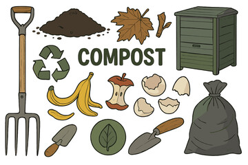 A collection of flat cartoon icons featuring an organic compost theme, including garden tools, a wooden box, ground, and food waste, illustrating bio, organic fertilizer, compost, and agronomy in a