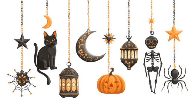 Halloween symbols including crescent moon, black cat, star, skeleton, spider, and pumpkins, isolated on white background