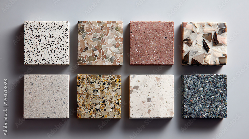 Aufkleber eight samples of terrazzo tile in various colors and patterns shown on a gray background